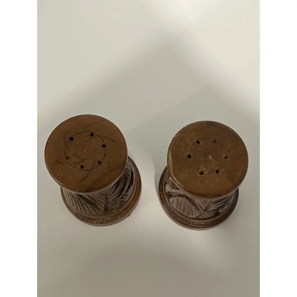 Vintage Hawaii Hardwoods Monkeypod Wood Salt Pepper Shaker Set‎ w Caddy Tiki MCM